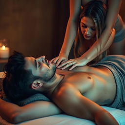 A relaxing scene featuring a handsome man lying down, receiving a massage from an attractive woman with straight hair and fair skin