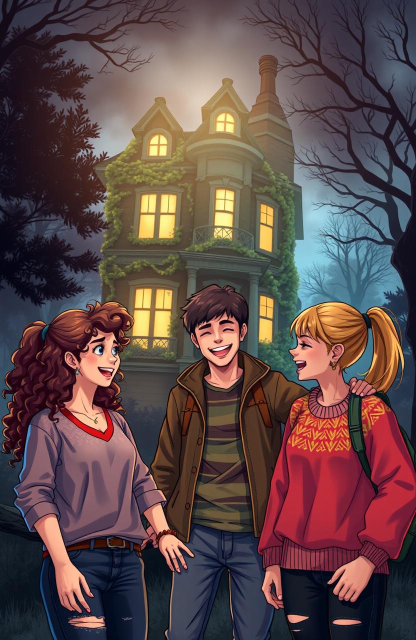 A warm scene depicting three friends hanging out at a mystery house