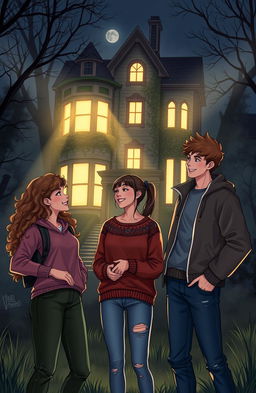 A warm scene depicting three friends hanging out at a mystery house