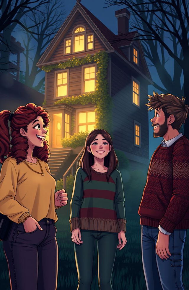 A warm scene depicting three friends hanging out at a mystery house