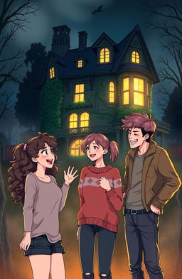 A warm scene depicting three friends hanging out at a mystery house