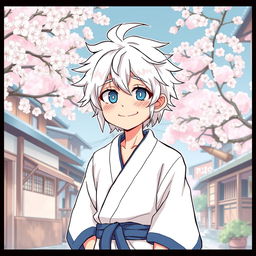 A whimsical illustration of Gintoki Sakata as an adult, featuring his distinct silver hair styled messily, paired with a cheeky smile that embodies his playful spirit