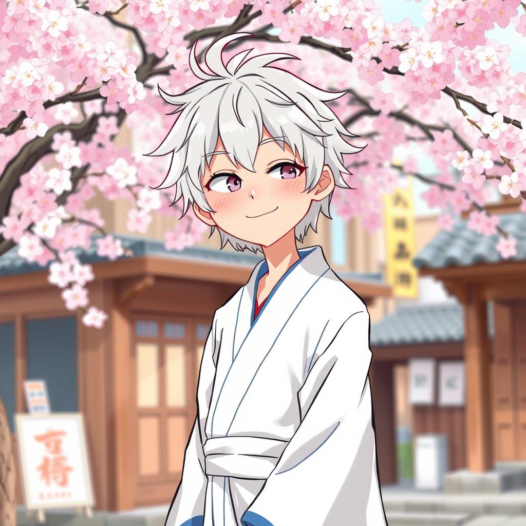 A whimsical illustration of Gintoki Sakata as an adult, featuring his distinct silver hair styled messily, paired with a cheeky smile that embodies his playful spirit