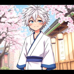 A whimsical illustration of Gintoki Sakata as an adult, featuring his distinct silver hair styled messily, paired with a cheeky smile that embodies his playful spirit