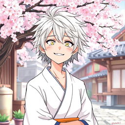 A whimsical illustration of Gintoki Sakata as an adult, featuring his distinct silver hair styled messily, paired with a cheeky smile that embodies his playful spirit