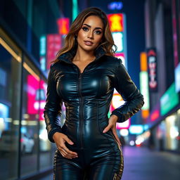 A beautiful woman in a tight, shiny black puffer catsuit that highlights her curves and big boobs, creating an eye-catching figure