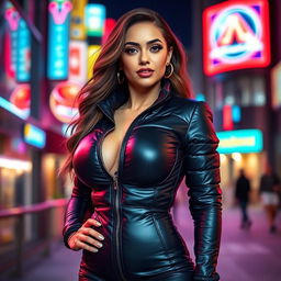 A beautiful woman in a tight, shiny black puffer catsuit that highlights her curves and big boobs, creating an eye-catching figure