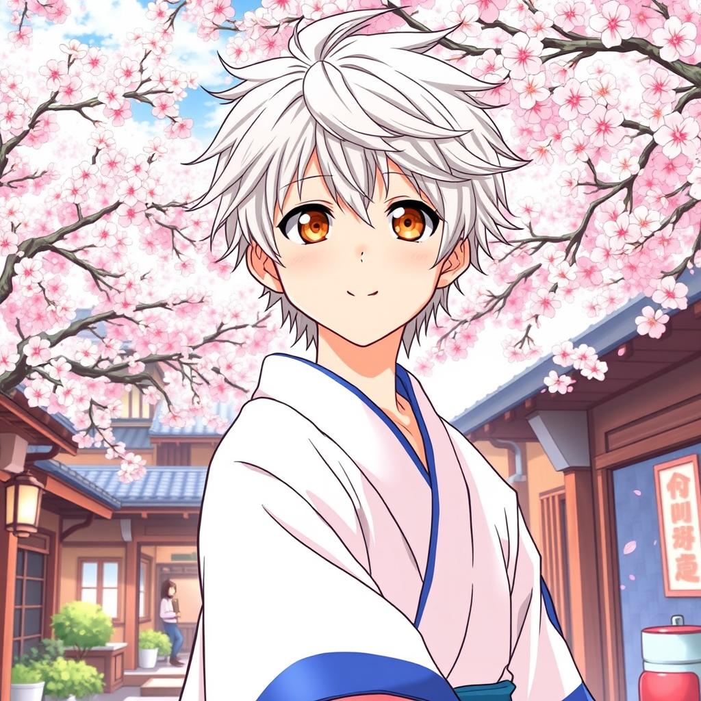 A vibrant illustration of Gintoki Sakata as an adult, featuring his signature silver hair styled in a slightly messy fashion and his unique dead fish eyes in a striking brown color