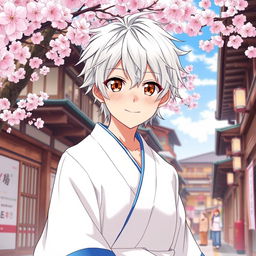 A vibrant illustration of Gintoki Sakata as an adult, featuring his signature silver hair styled in a slightly messy fashion and his unique dead fish eyes in a striking brown color