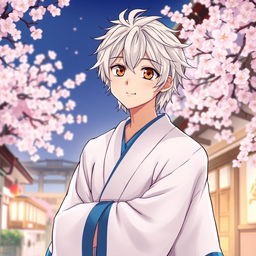 A vibrant illustration of Gintoki Sakata as an adult, featuring his signature silver hair styled in a slightly messy fashion and his unique dead fish eyes in a striking brown color