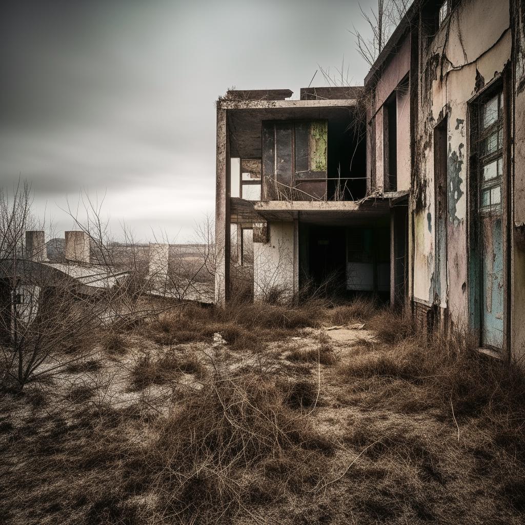 An old, dilapidated building in a desolate, apocalyptic environment