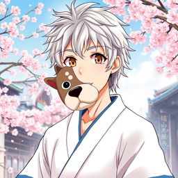 An engaging illustration of Gintoki Sakata as an adult male, featuring his characteristic messy silver hair and dead fish eyes in a striking brown color