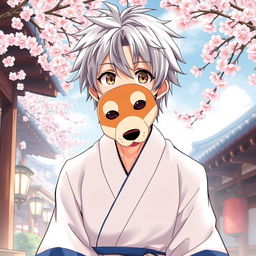 An engaging illustration of Gintoki Sakata as an adult male, featuring his characteristic messy silver hair and dead fish eyes in a striking brown color