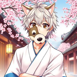 An engaging illustration of Gintoki Sakata as an adult male, featuring his characteristic messy silver hair and dead fish eyes in a striking brown color