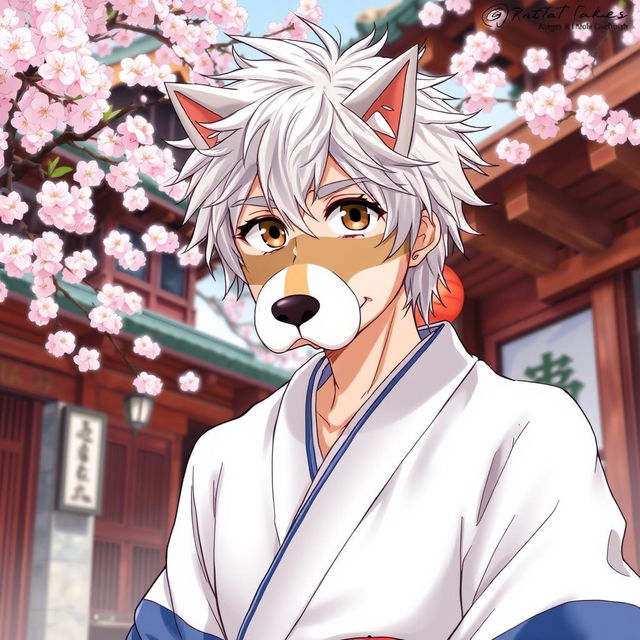 An engaging illustration of Gintoki Sakata as an adult male, featuring his characteristic messy silver hair and dead fish eyes in a striking brown color