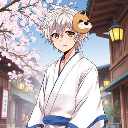 An engaging illustration of Gintoki Sakata as an adult male, showcasing his distinctive messy silver hair and unique dead fish eyes in brown
