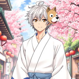 An expressive illustration of Gintoki Sakata as an adult male, characterized by his distinctive messy silver hair and unique dead fish eyes in warm brown