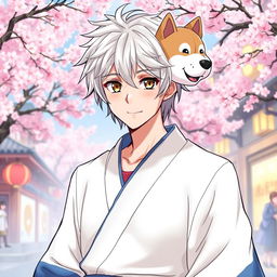 An expressive illustration of Gintoki Sakata as an adult male, characterized by his distinctive messy silver hair and unique dead fish eyes in warm brown