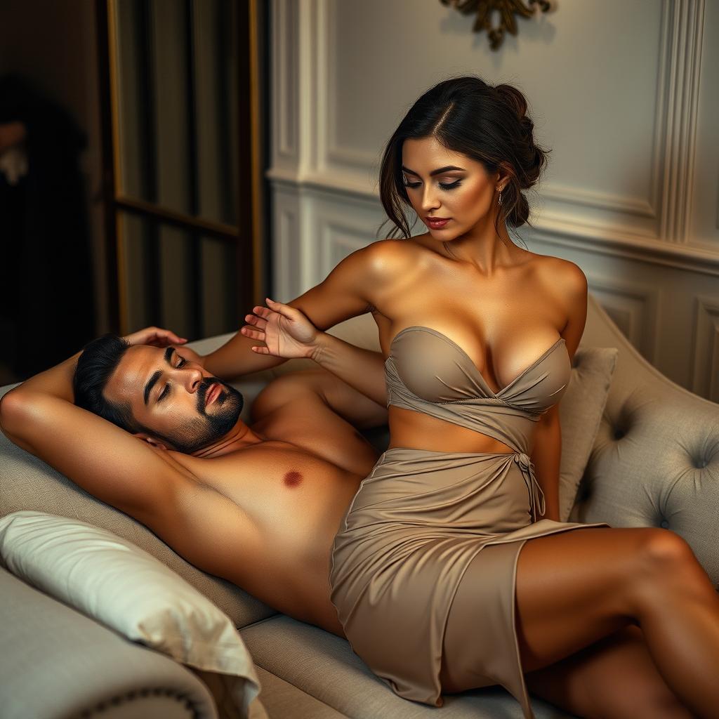 A handsome man relaxing on a couch, receiving a massage from a beautiful woman