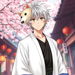 An expressive illustration of Gintoki Sakata as an adult male, showcasing his distinctive messy silver hair and characteristic dead fish eyes in warm brown
