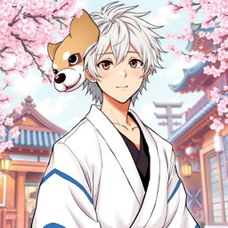 An expressive illustration of Gintoki Sakata as an adult male, showcasing his distinctive messy silver hair and characteristic dead fish eyes in warm brown