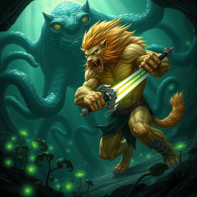 An epic fantasy illustration depicting a fierce battle between a Leonin warrior and a monstrous Aboleth in an underwater cavern