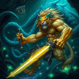 An epic fantasy illustration depicting a fierce battle between a Leonin warrior and a monstrous Aboleth in an underwater cavern