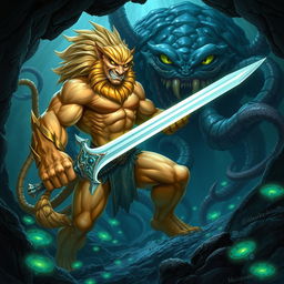 An epic fantasy illustration depicting a fierce battle between a Leonin warrior and a monstrous Aboleth in an underwater cavern