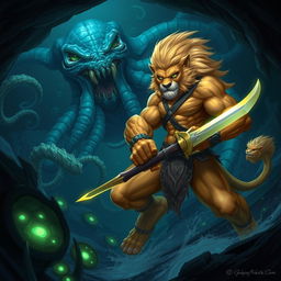 An epic fantasy illustration depicting a fierce battle between a Leonin warrior and a monstrous Aboleth in an underwater cavern