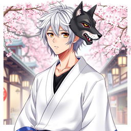 An engaging illustration of Gintoki Sakata as an adult male, characterized by his distinctive messy silver hair and unique dead fish brown eyes