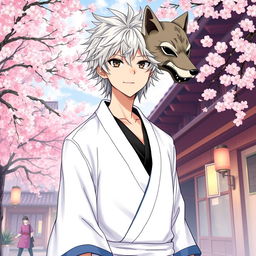 An engaging illustration of Gintoki Sakata as an adult male, characterized by his distinctive messy silver hair and unique dead fish brown eyes