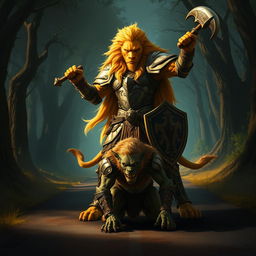 A dramatic fantasy scene showcasing a lush-maned Leonin paladin, a striking half-man half-lion warrior, standing triumphantly over a kneeling Gnoll