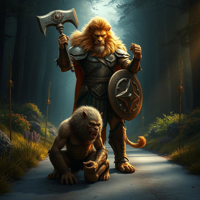 A dramatic fantasy scene showcasing a lush-maned Leonin paladin, a striking half-man half-lion warrior, standing triumphantly over a kneeling Gnoll