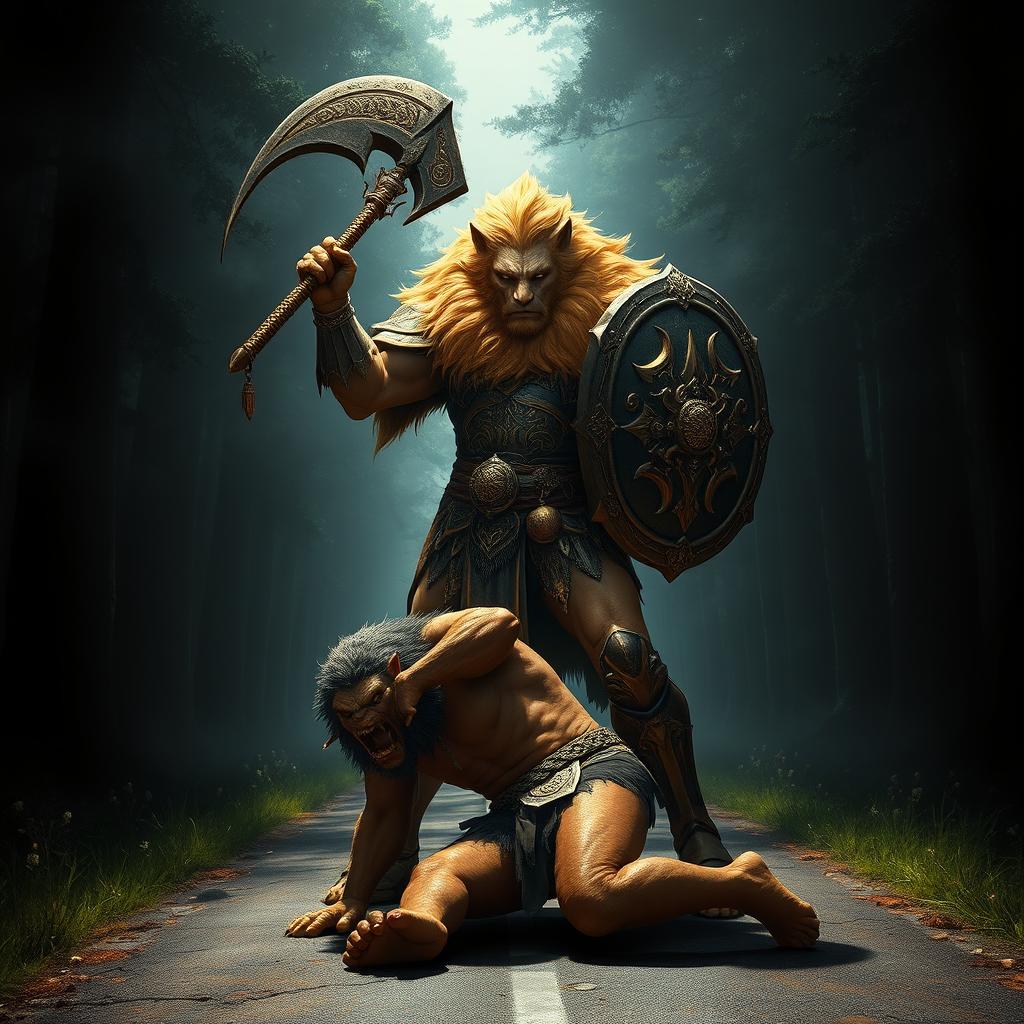 A dramatic fantasy scene showcasing a lush-maned Leonin paladin, a striking half-man half-lion warrior, standing triumphantly over a kneeling Gnoll