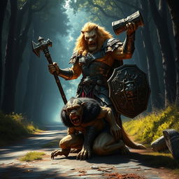 A dramatic fantasy scene showcasing a lush-maned Leonin paladin, a striking half-man half-lion warrior, standing triumphantly over a kneeling Gnoll