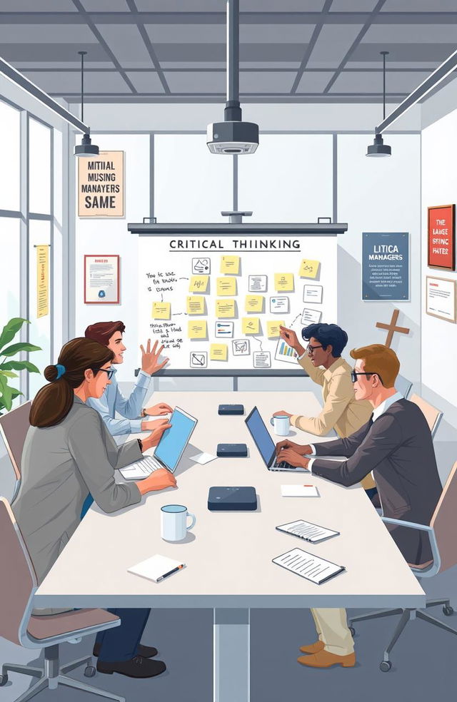 A professional and engaging illustration depicting a diverse group of managers engaged in a critical thinking workshop