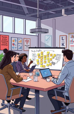 A professional and engaging illustration depicting a diverse group of managers engaged in a critical thinking workshop