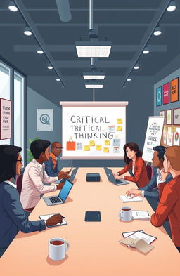A professional and engaging illustration depicting a diverse group of managers engaged in a critical thinking workshop