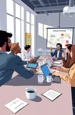 A professional and engaging illustration depicting a diverse group of managers engaged in a critical thinking workshop