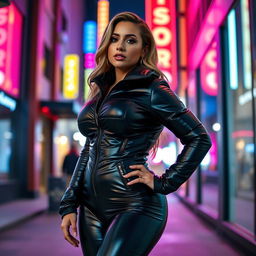 A captivating woman in a tight, shiny black puffer catsuit that emphasizes her voluptuous figure and big boobs