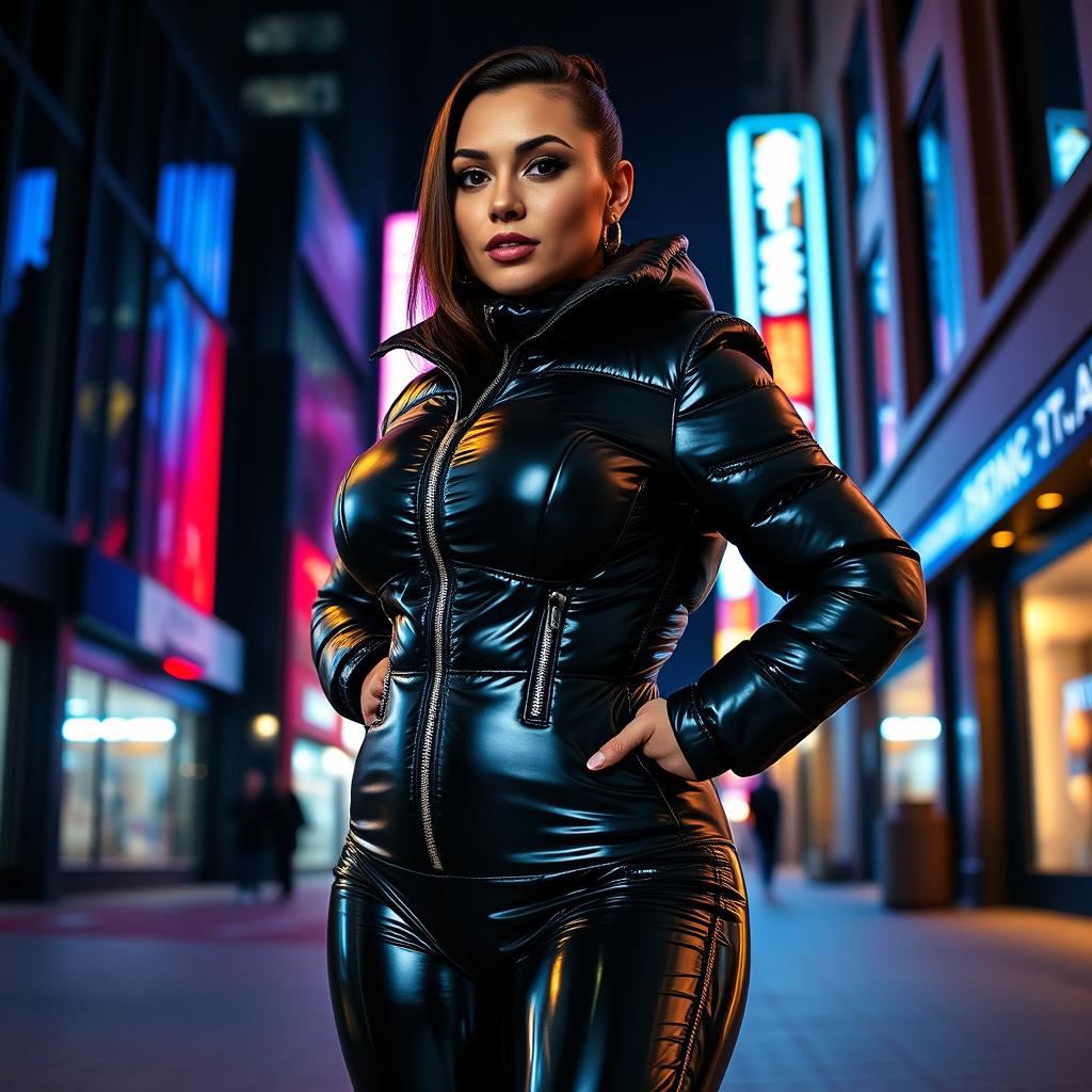 A captivating woman in a tight, shiny black puffer catsuit that emphasizes her voluptuous figure and big boobs