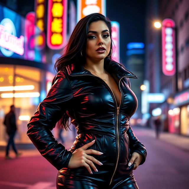 A captivating woman in a tight, shiny black puffer catsuit that emphasizes her voluptuous figure and big boobs