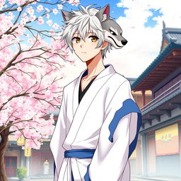 An engaging illustration of Gintoki Sakata as an adult male, featuring his signature messy silver hair and striking dead fish brown eyes