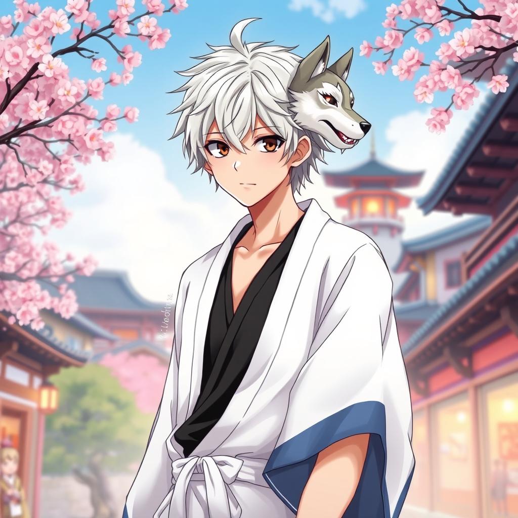 An engaging illustration of Gintoki Sakata as an adult male, featuring his signature messy silver hair and striking dead fish brown eyes