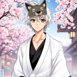 An engaging illustration of Gintoki Sakata as an adult male, featuring his signature messy silver hair and striking dead fish brown eyes