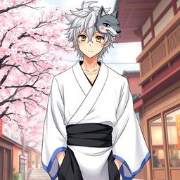 An engaging illustration of Gintoki Sakata as an adult male, featuring his signature messy silver hair and striking dead fish brown eyes