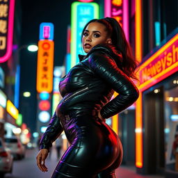 A strikingly attractive woman in a form-fitting, shiny black puffer catsuit that accentuates her voluptuous figure and big boobs