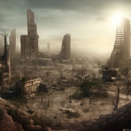 A desolate, apocalyptic landscape with remnants of civilization