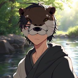 A striking illustration of a human character with a stoic expression, wearing a beautifully crafted otter mask that conveys a sense of tranquility and wisdom