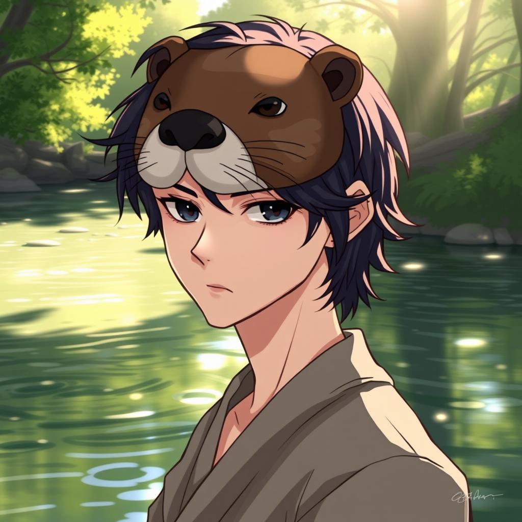 A striking illustration of a human character with a stoic expression, wearing a beautifully crafted otter mask that conveys a sense of tranquility and wisdom